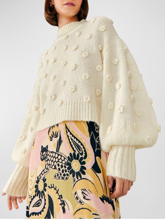 FARM Rio Sweaters - FARM Rio Whimsical Flower Embellished Appliqué Bell Sleeve Sweater - Medium